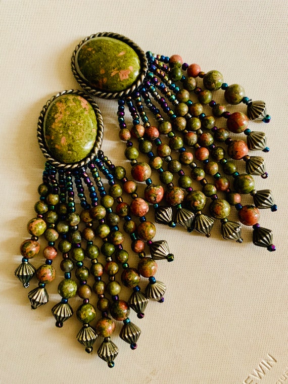 Vintage boho earrings long beaded drop green & go… - image 2