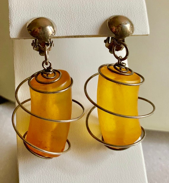 Vintage lucite amber earrings caged with steel sp… - image 7