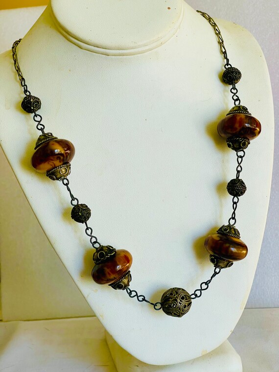 Antique boho amber with aged silver beads necklace