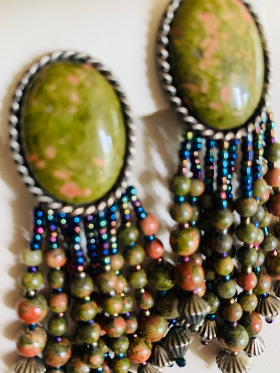 Vintage boho earrings long beaded drop green & go… - image 4