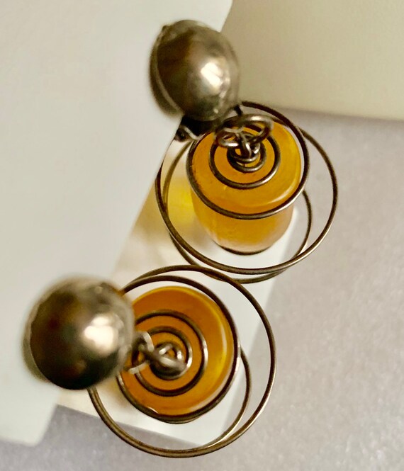 Vintage lucite amber earrings caged with steel sp… - image 3