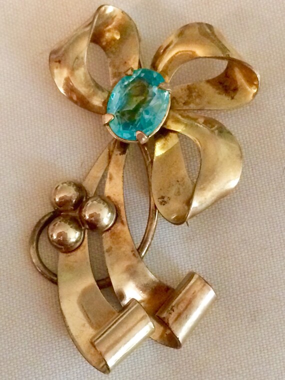 Vintage Carl Art gold bow brooch with large aqua … - image 5