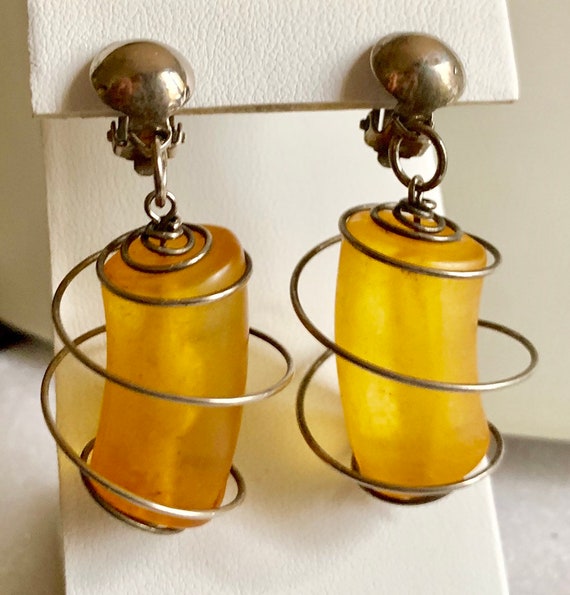 Vintage lucite amber earrings caged with steel sp… - image 2