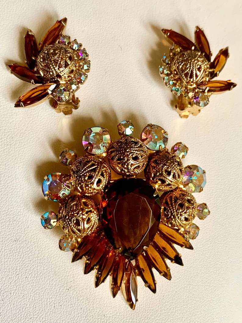 Vintage Delizza /& Elster Juliana classic jewelry set brooch earrings amber and AB crystals