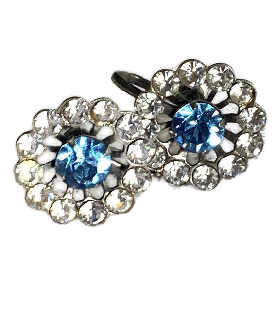 Sale! Vintage rhinestone earrings sky blue center… - image 1