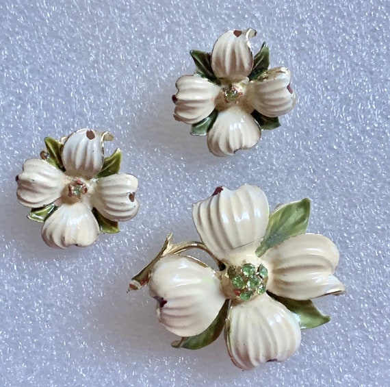 Vintage enamel set brooch-pendant & earrings pret… - image 1