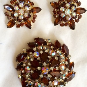 DeLizza & Elster Juliana vintage rhinestone AB and root beer brooch and earring set bold statement set