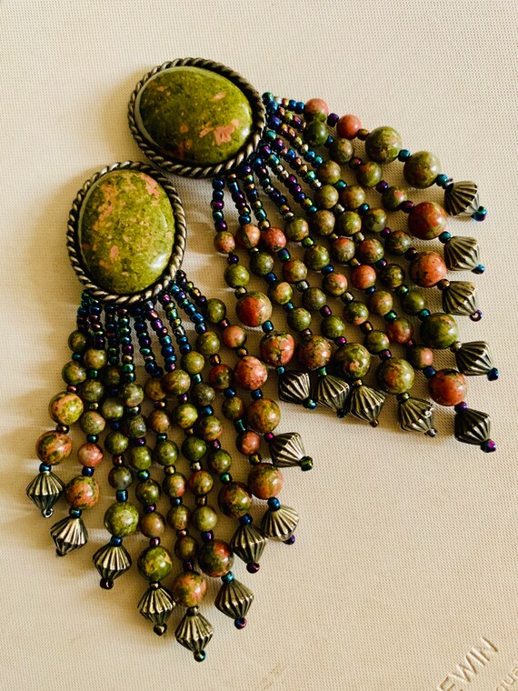 Vintage boho earrings long beaded drop green & go… - image 8