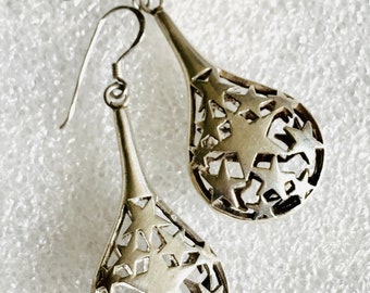 Sale! Sterling silver teardrop earrings with open work stars pattern unique design.