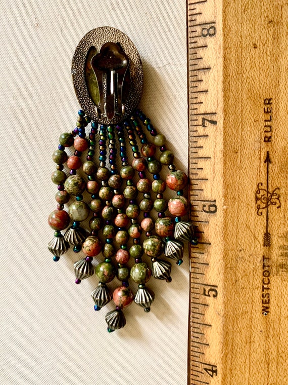 Vintage boho earrings long beaded drop green & go… - image 7