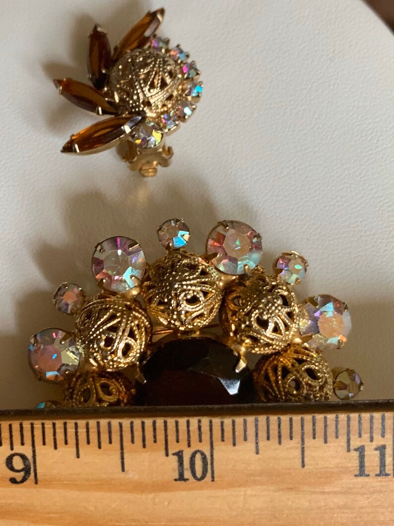 Vintage Delizza /& Elster Juliana classic jewelry set brooch earrings amber and AB crystals