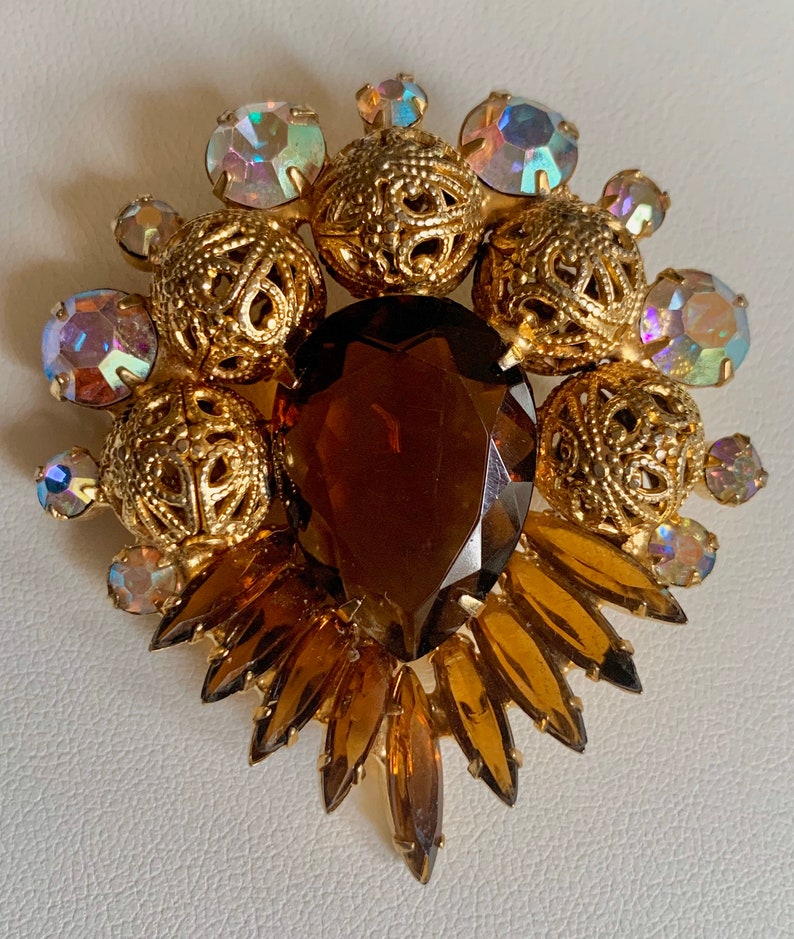 Vintage Delizza /& Elster Juliana classic jewelry set brooch earrings amber and AB crystals