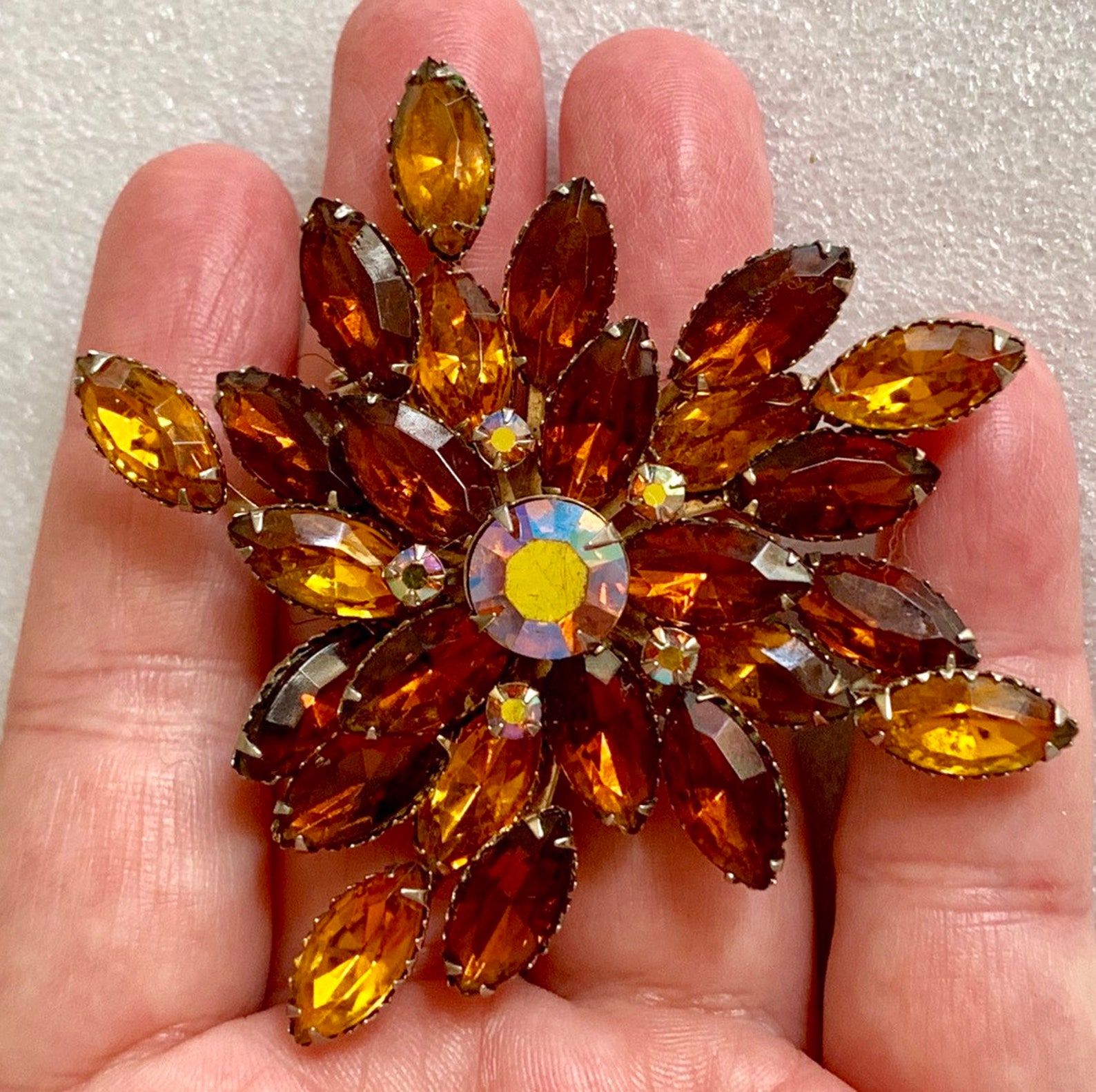Sale Vintage Rhinestone Brooch Amber Stones With AB Center Stone ...