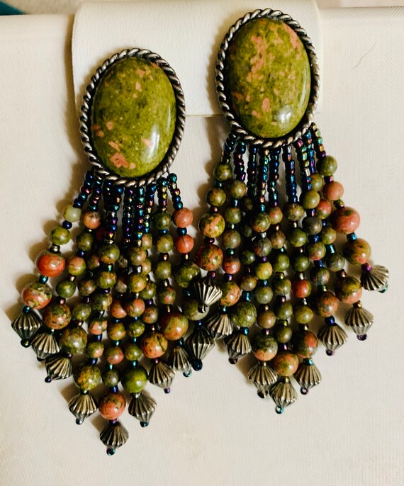 Vintage boho earrings long beaded drop green & go… - image 9