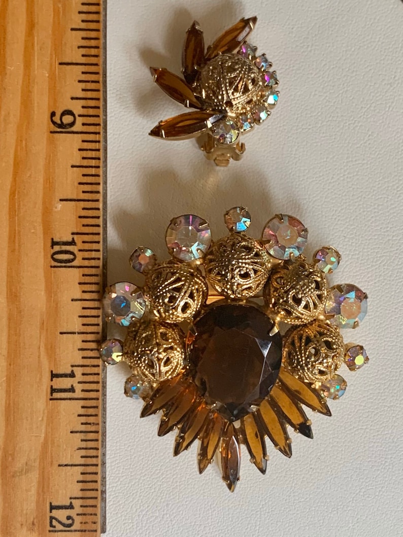 Vintage Delizza /& Elster Juliana classic jewelry set brooch earrings amber and AB crystals