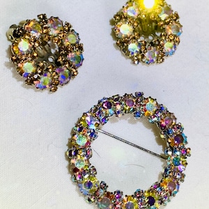 Vintage Weiss AB Rhinestone Brooch & Earring Set Brilliant Stones