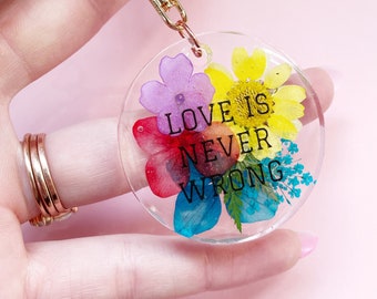 Floral Pride Resin Keychain: Pressed Flower LGBTQ+ Ally Clip