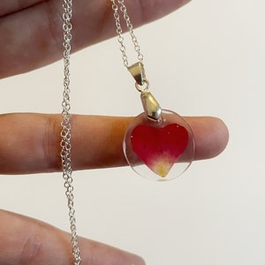 Real Rose Petal Heart Resin Necklace: Pressed Flower Jewelry