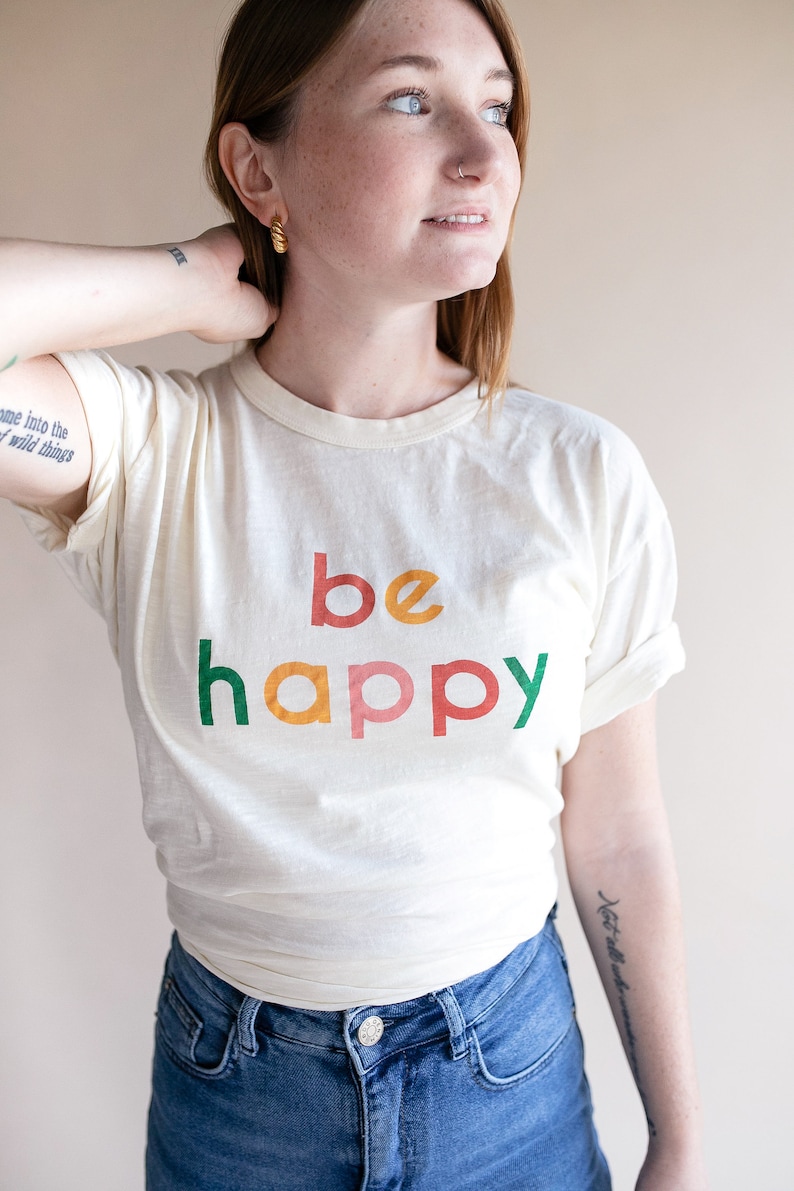 womens tees positive shirts graphic tees for women t-shirts with sayings womens tshirt t-shirt Be Happy graphic tshirt gifts for her