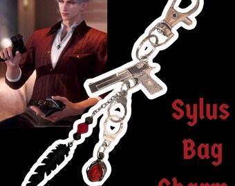 Love and Deepspace Sylus Handcuffs Gun Feather Bag Purse Charm Keychain Silver Red Aether Core Mafia Keychain Mephisto