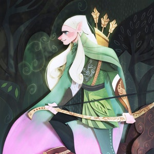 May include: A papercraft illustration of an elf with long blonde hair, wearing a green tunic and holding a bow and arrow, standing over a red-haired dwarf with a beard, holding an axe. The background is a dark green forest.