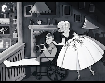 May include: A black and white illustration of a man in a wheelchair taking a photograph of a woman in a white dress. The woman is standing on a balcony overlooking a city street. The man is looking through the lens of his camera.