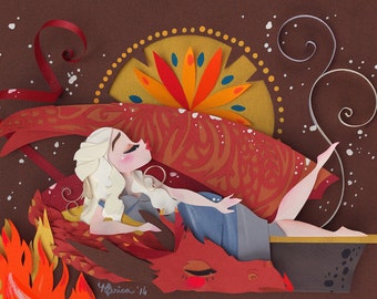 May include: A papercraft illustration of a woman with long white hair lying on a red dragon with orange flames. The woman is wearing a blue dress and has a crown on her head. The background is a brown paper with white dots and a gold circle with a red and orange flower design.