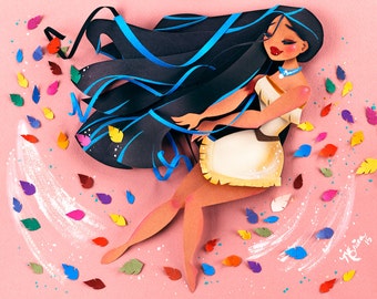 May include: A paper craft illustration of Pocahontas, a Disney princess, with long black hair and a blue ribbon. She is wearing a white and brown dress and is surrounded by colorful paper leaves.