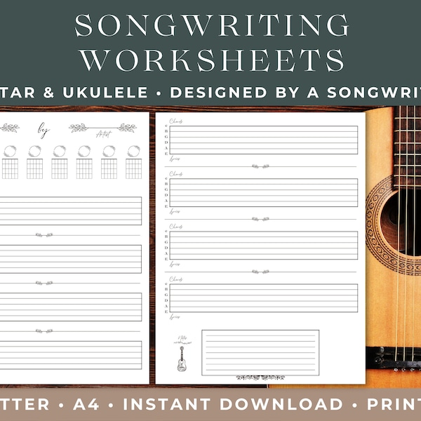 Songwriting Worksheets for Guitar and Ukulele | Instant Download | Printable Songwriter Journal | Includes US Letter and A4 Sizes