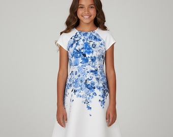 Elegant Blue Floral A-Line Dress | Girls sizes 4 - 8 | Special Occasion Outfit | Beautiful Photo Shoot Frock