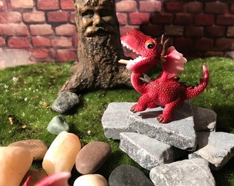 Adorable miniature red dragon full of whimsy, fairy garden supplies, enchanted garden, miniature garden accessories, miniature display