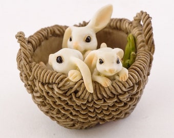 Adorable bunny trio in basket of carrots. Miniature bunny rabbits , fairy garden supplies , miniature display, miniature garden accessories