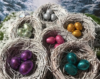 Glittered eggs in a white glitter 3&quot; bird nest ornament Lucky birds nest ornament white iridescent glittered birds nest