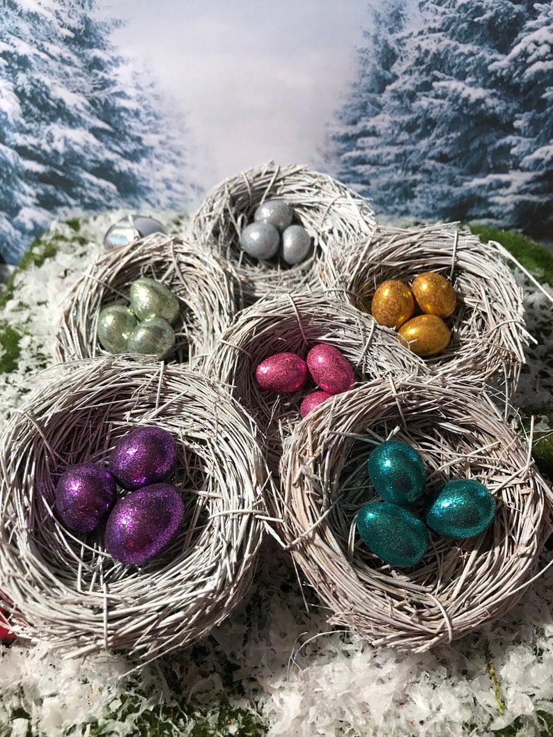 Glittered Eggs in a White Glitter 3 Bird Nest Ornament Etsy