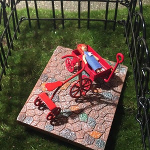 Fairy garden accessories tricycle red trike mini fence miniature red wagon for terrarium, gnome garden mini garden black fairy garden fence
