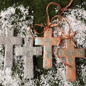 Beautiful polymer clay Cross ornaments teal rose gold, light copper, accent copper, silver cross Swarovski crystal cross ornaments