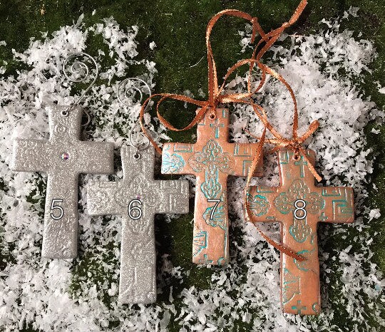 Beautiful polymer clay Cross ornaments teal rose gold, light copper, accent copper, silver cross Swarovski crystal cross ornaments