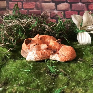 May include: Two small, orange-brown ceramic foxes curled up together, sleeping on a bed of green moss.