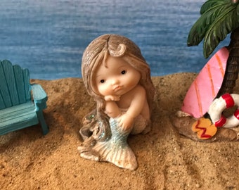 beautiful sitting mermaid, miniature mermaid, miniature beach garden mermaid, miniature coastal garden mermaid, miniature beach accessories