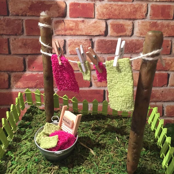 Fairy garden clothesline, fairy garden laundry tub, mini clothes pins, mini clothesline mini towels, mini tub washboard polymer clay posts