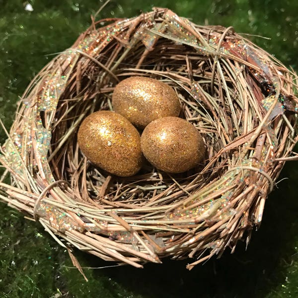 Gold eggs in a 3” glitter bird nest ornament. If you find a bird nest in your Christmas tree, you will have  good luck throughout the year.