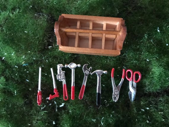 Miniature Dollhouse FAIRY GARDEN Accessories~ Wood Tool Box with 8 Tools ~ NEW