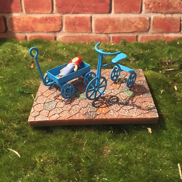 Fairy garden accessories tricycle blue trike mini blue wagon terrarium garden gnome garden fairy garden miniature blue tricycle and wagon