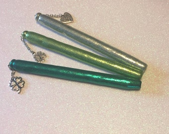 St Patrick's Day, Irish REFILLABLE pens green, shining polymer clay & glitter each with a different shamrock charm Extremely limited supply