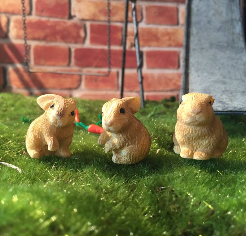 Miniature fairy garden bunnies rabbits set of 3 accessories for terrarium mini carrots fairy garden accessory gnome garden terrarium bunny image 1