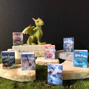 May include: A green dragon figurine with a red ladybug on its back, surrounded by seven miniature Harry Potter books. The books are arranged on a stack of stone-like surfaces.