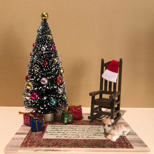 Christmas in Heaven memorial empty chair loved one in heaven Christmas tree deceased loved ones pet dog cat