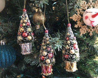 Miniature Christmas tree ornament for large tree decorated with red gold and sliver balls with red silver or gold drum base 4&quot;
