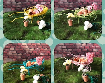 Assorted Colors of Miniature wheelbarrow fairy garden accessories mini wheel barrow fairy accessories gnome garden accessories clay pot