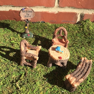 Fairy garden table & chairs Woodland faux wood, mini table, miniature garden supplies, fairy accessories